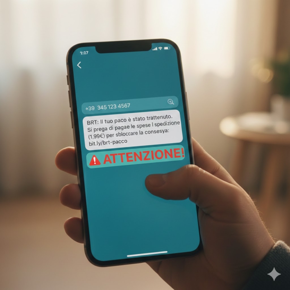 Smartphone che mostra un falso SMS di un corriere con un avviso di pericolo rosso e la scritta ATTENZIONE. (Nota: Questo è il campo più importante per la SEO e per gli ipovedenti).