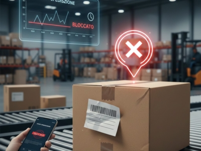 Pacco di cartone fermo su un nastro trasportatore in magazzino con un'icona digitale rossa di errore e uno smartphone che visualizza il tracking bloccato.
